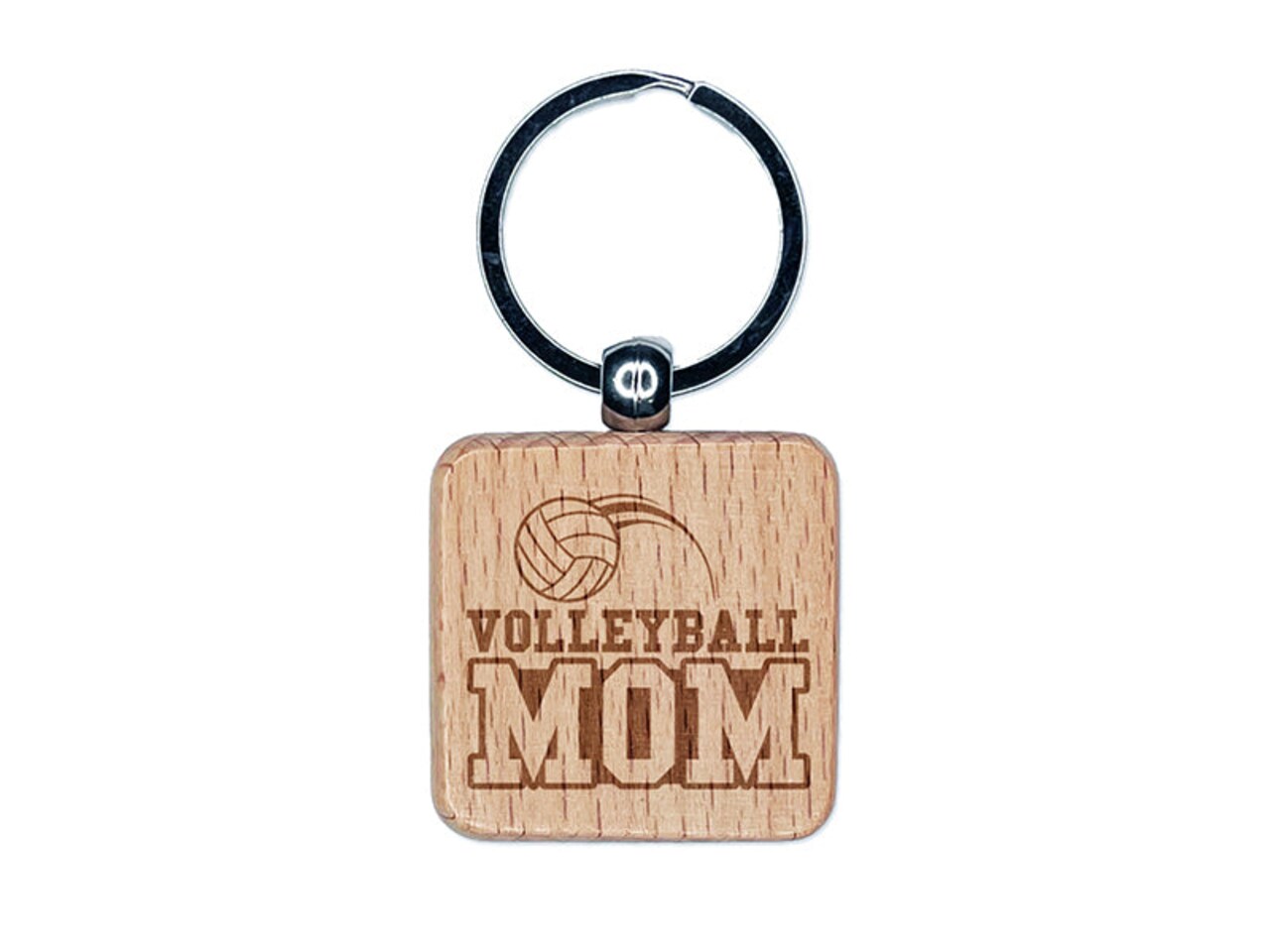 Volleyball Mom Text with Ball Engraved Wood Square Keychain Tag Charm